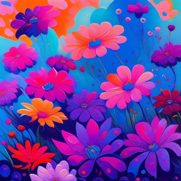 A painting of a colorful flower field with a blue background and a rainbow.