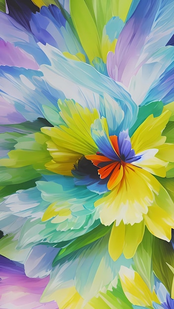 a painting of a colorful flower with a yellow and blue center.