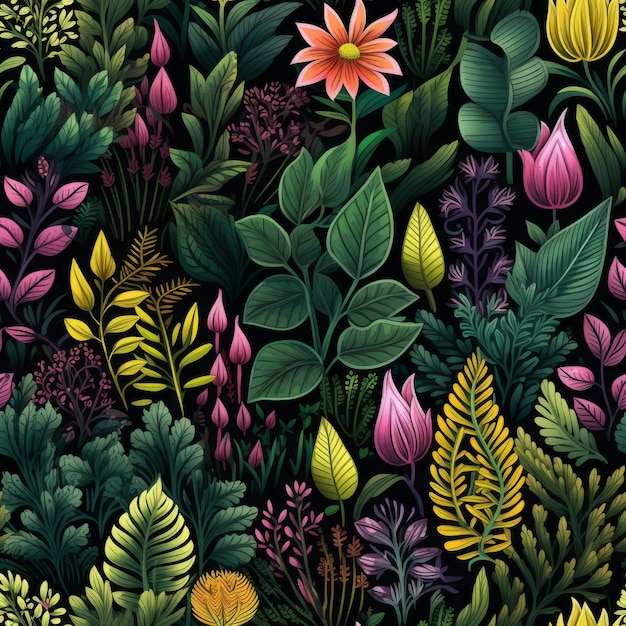 黒い背景 に 色彩 の 豊か な 花 や 葉 を 描く