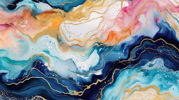 A painting of a colorful fluid painting with gold and blue generative ai