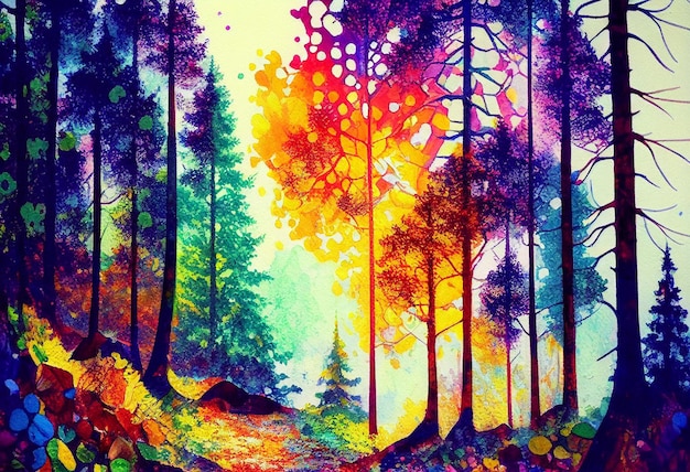 painting of a colorful forest scene with a path leading through it generative ai