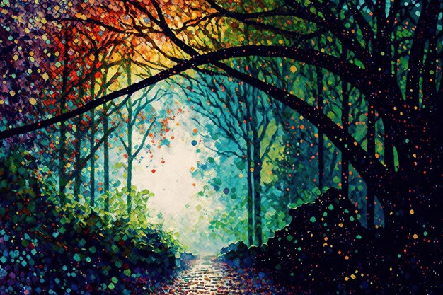 다채로운 숲의 장면을 그림으로 그리며 길과 나무가 생성됩니다.