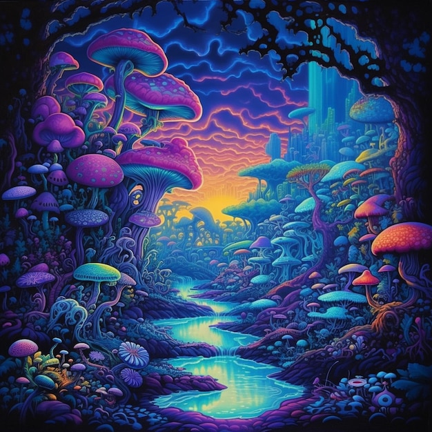 A painting of a colorful forest with mushrooms and a stream generative ai