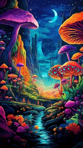 A painting of a colorful forest with mushrooms and a stream generative ai