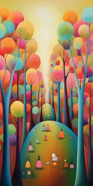 painting of a colorful forest with a path leading to a hill generative ai