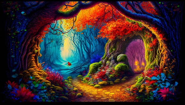 Painting of colorful forest with pathway Generative AI