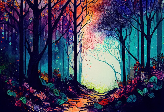 painting of a colorful forest with a stream of water generative ai