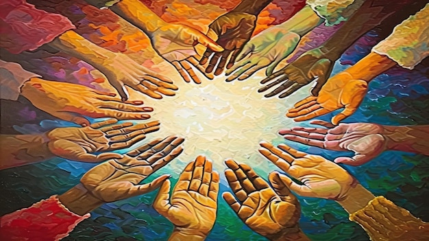 Картина красочных рук, протягивающих руку к светящемуся центру