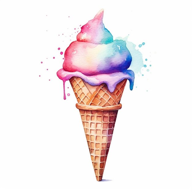 a painting of a colorful ice cream cone with a sprinkle of pink and blue generative ai