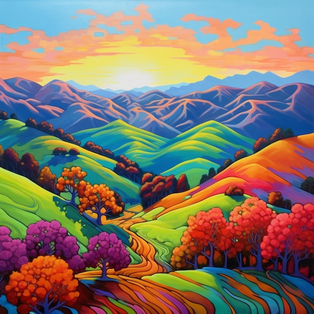 A painting of a colorful landscape with mountains and trees.