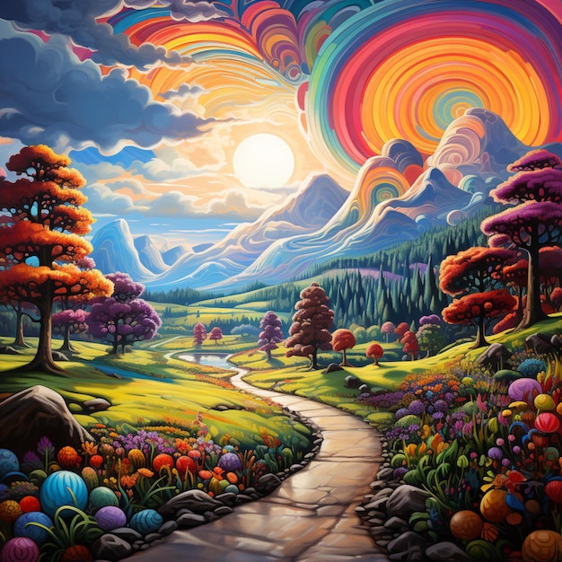 Картина красочного пейзажа с тропинкой, ведущей к радужному небу, генеративный ИИ