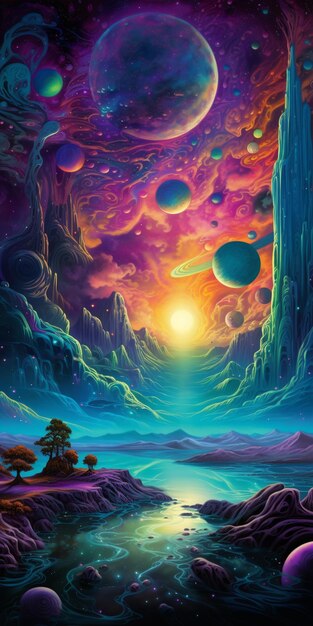 a painting of a colorful landscape with planets and trees generative ai