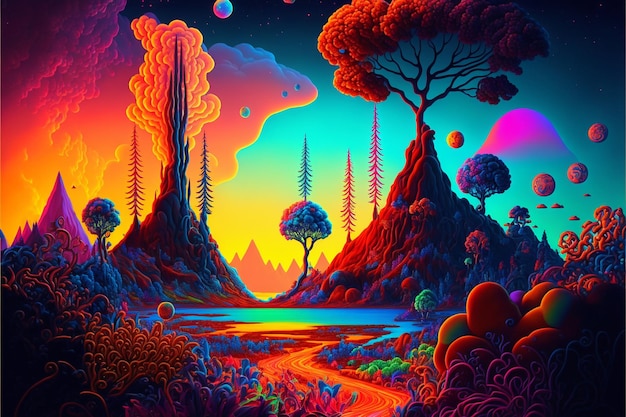 A painting of colorful landscape with river and trees generative ai