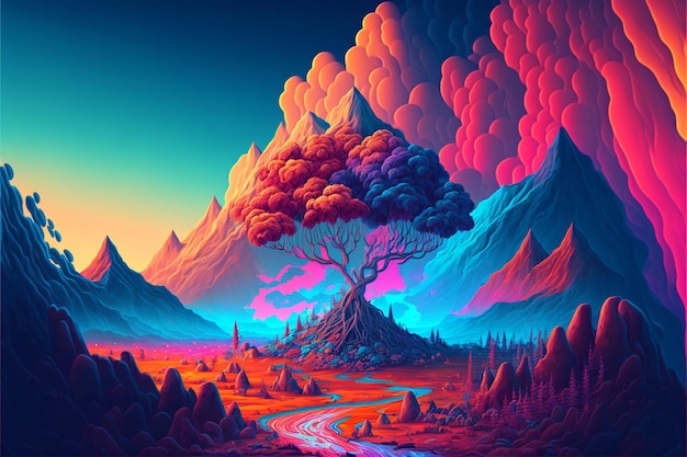 Картина красочного пейзажа с деревом и горами на заднем плане, генерирующая искусственный интеллект