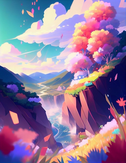 Photo a painting of a colorful landscape with a waterfall and trees generative ai