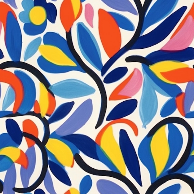 A painting of colorful leaves with a blue and orange design