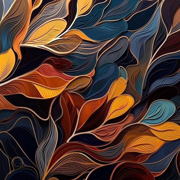 a painting of colorful leaves with a colorful background.