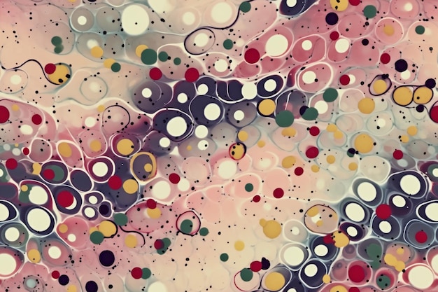 A painting of a colorful liquid with circles on it.