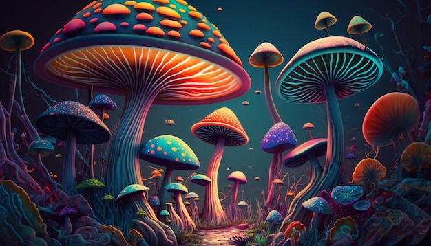 A painting of a colorful mushroom with a blue background.