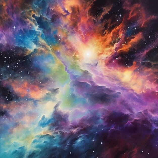 A painting of a colorful nebula with stars and a bright light generative ai