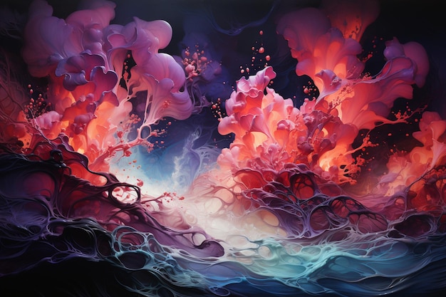 물결과 액체 생성 Ai의 스프레이와 함께 다채로운 바다 장면의 그림