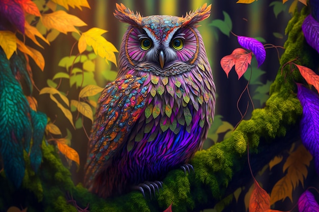 A painting of a colorful owl with yellow eyes sits on a branch in the woods.