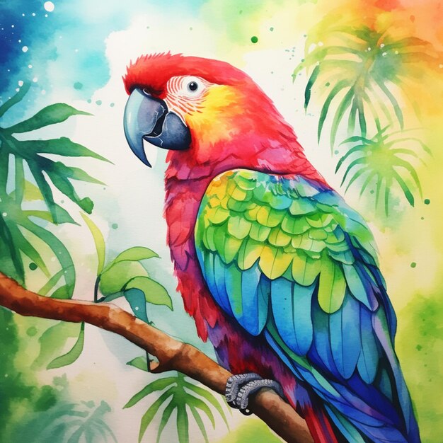 Painting of a colorful parrot perched on a branch in a tropical setting generative ai