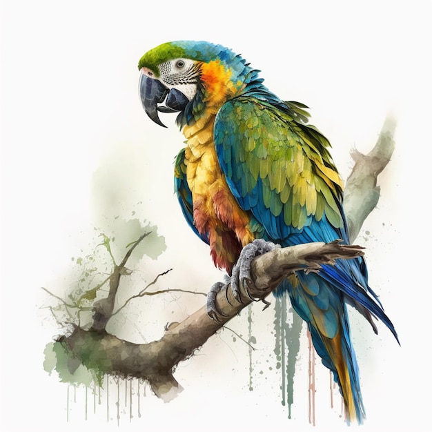 painting of a colorful parrot perched on a branch with a white background generative ai