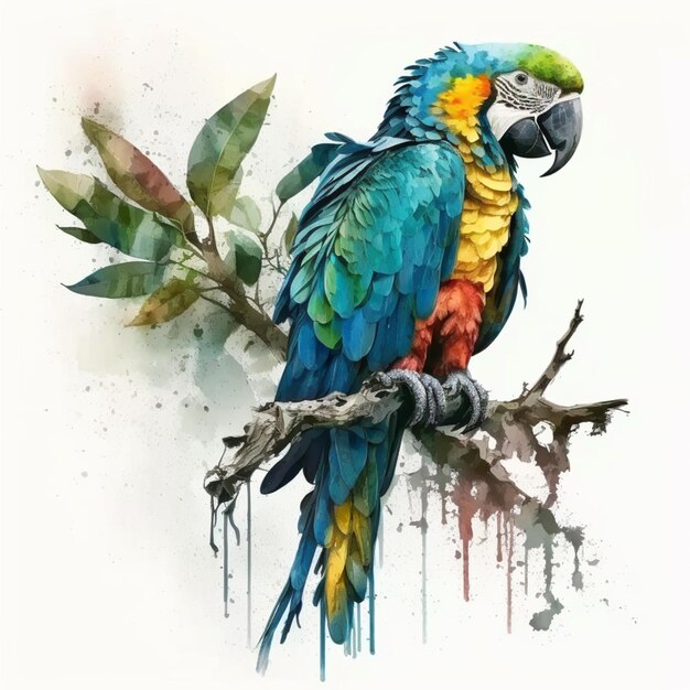 painting of a colorful parrot sitting on a branch with leaves generative ai