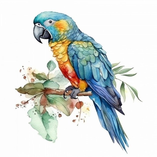 Картина красочного попугая, сидящего на ветке с листьями