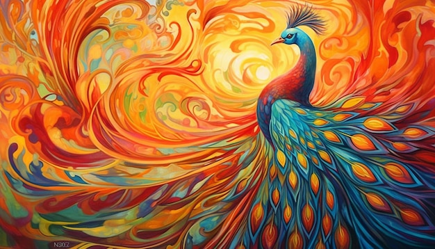 Painting of a colorful peacock with a swirly tail generative ai