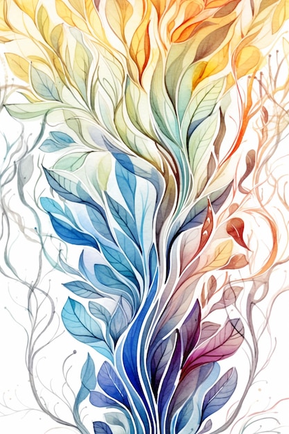 painting of a colorful plant with many leaves and flowers generative ai