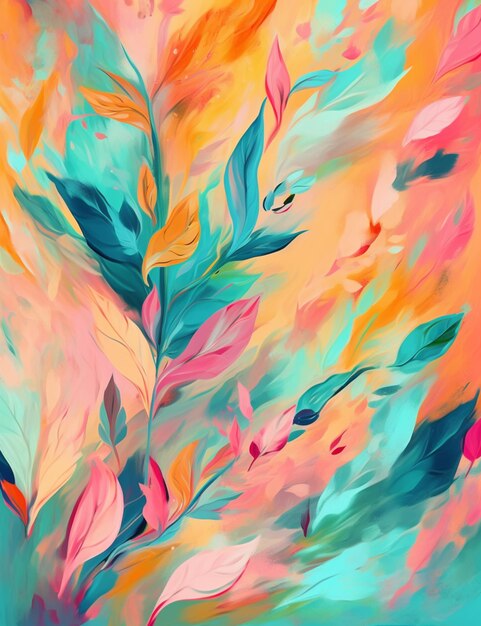Painting of a colorful plant with many leaves on a pink background generative ai
