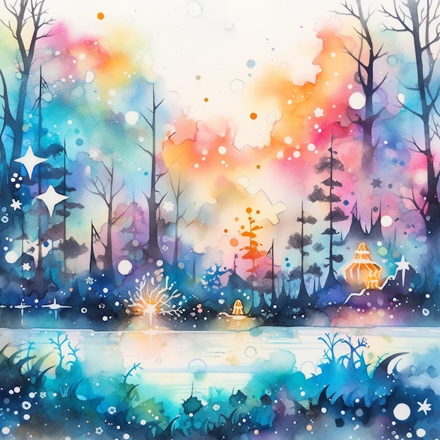 호수와 나무가 있는 다채로운 장면의 그림