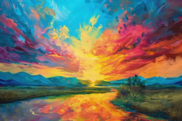 A painting of a colorful sunset over a body of water