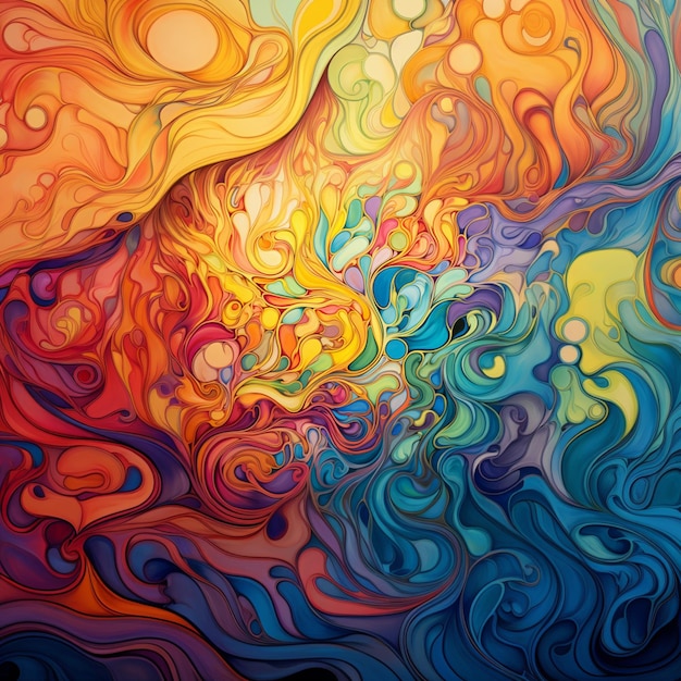 Painting of a colorful swirly background with a sun in the middle generative ai