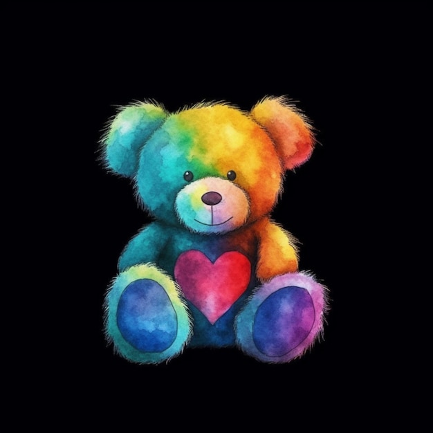 Painting of a colorful teddy bear with a heart on its chest generative ai