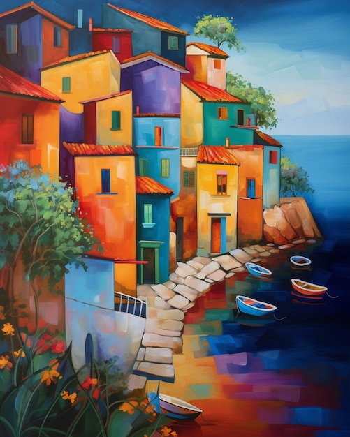 A painting of a colorful town by the sea