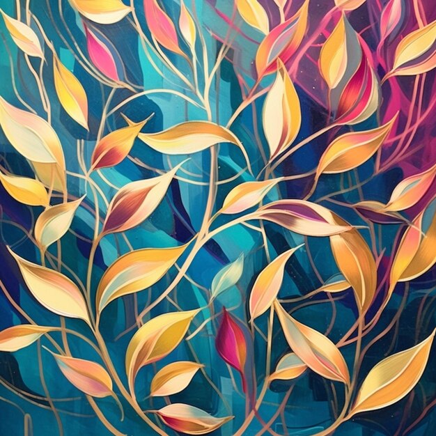 Painting of a colorful tree with leaves on a blue background generative ai