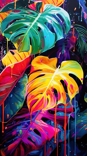 a painting of colorful tropical leaves with the colors of the rainbow