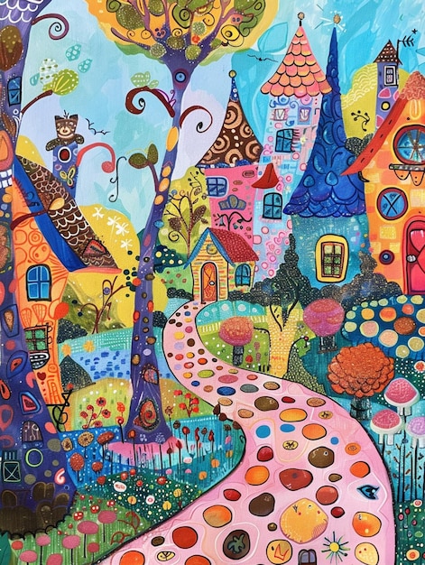 painting of a colorful village with a pathway leading to a tree generative ai