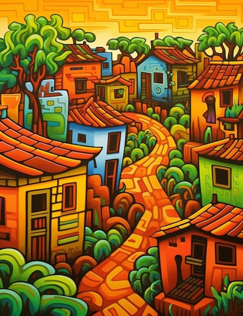 Painting of a colorful village with a pathway and trees generative ai