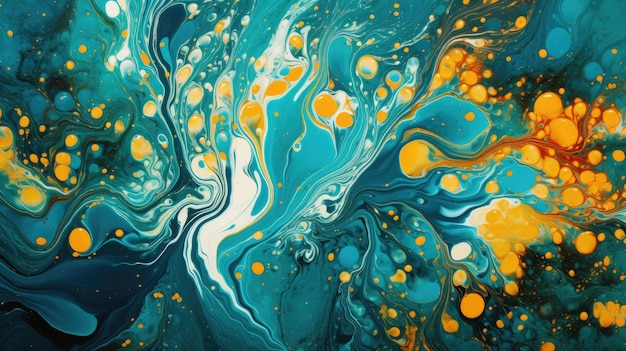 A painting of a colorful water with orange and yellow bubbles.