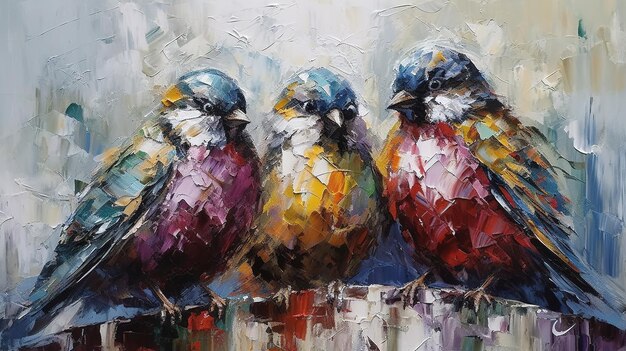 Photo painting of colourful birds sitting o a branch