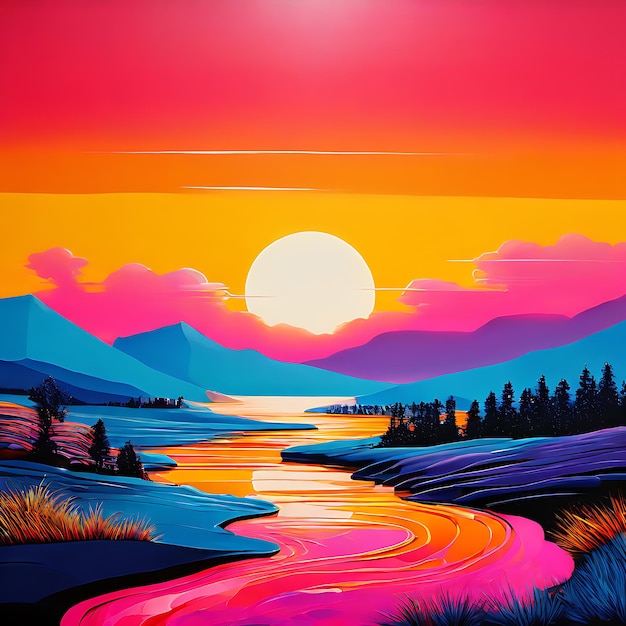 painting of a colourful sunset on the shore of the river