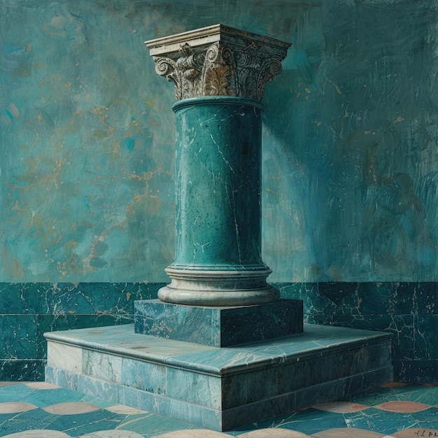 Photo a painting of a column with a blue background with a picture of a flower on it