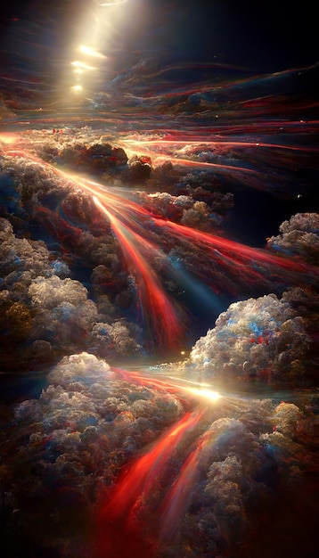 A painting of a comet with red and orange lights.