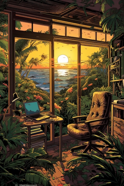 A painting of a computer and a sunset view from a room with a window.