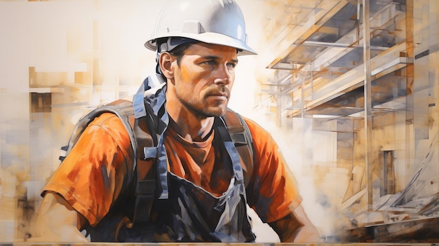 a painting of a construction worker in a construction site.