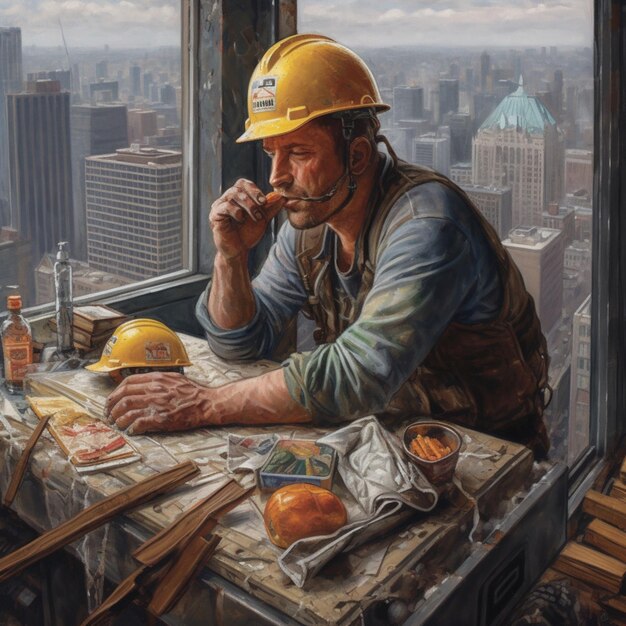 A painting of a construction worker with a yellow hard hat and a yellow hard hat smoking a cigarette.